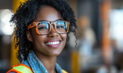 Happy Black African American female construction worker in a professional portrait. The image emphasizes the importance of diversity in skilled trades and promotes women, Generative AI