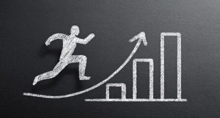 Chalk drawing of a person running up a rising graph