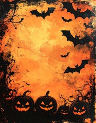 Silhouetted pumpkins with carved faces and bats flying against an orange textured background, creating a Halloween themed image.