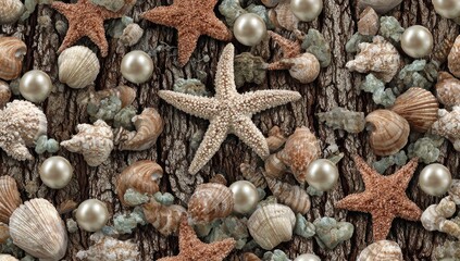 Seashells, starfish, and pearls on bark