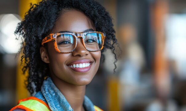 Happy Black African American female construction worker in a professional portrait. The image emphasizes the importance of diversity in skilled trades and promotes women, Generative AI