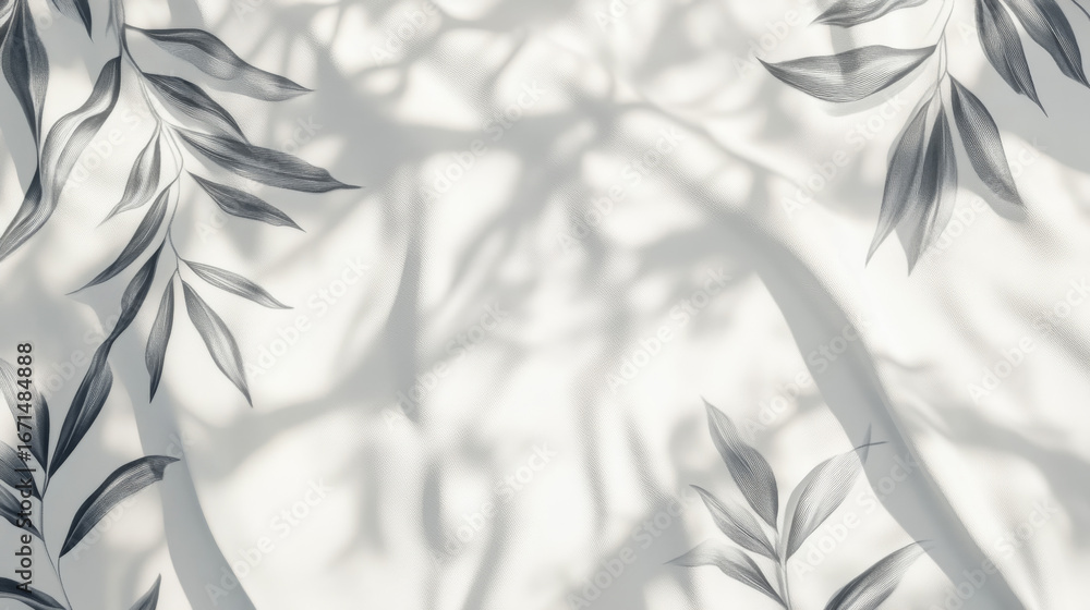 Poster elegant white background with delicate leaves. subtle shadows add depth to this clean design.