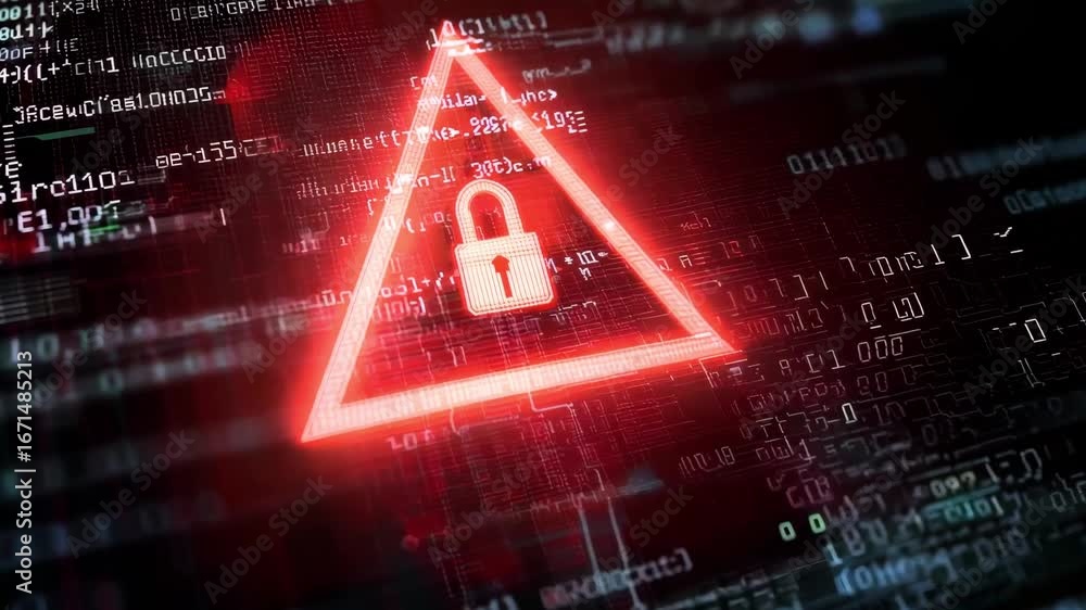 Poster a red warning triangle with a padlock appears over computer code to highlight cybersecurity threats 