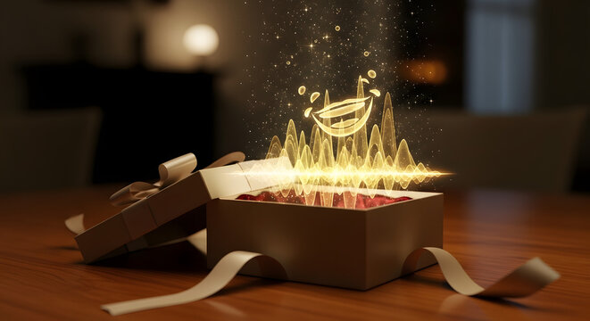 A magical gift box opens to release a glowing golden soundwave of laughter symbolizing joy happiness and the gift of humor