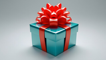 Fototapeta premium Teal gift box with a vibrant red ribbon bow, a festive and celebratory present.