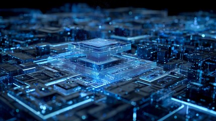 Blockchain security architecture diagram visualized in 3D holographic form, futuristic blue glow