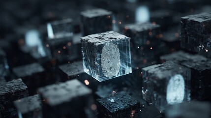 Close-up of a fingerprint scan to secure a blockchain transaction, digitally overlaid.
