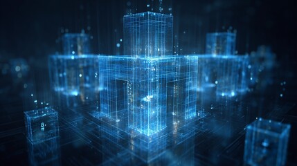 Blockchain security architecture diagram shown as a 3D square hologram, blue light.