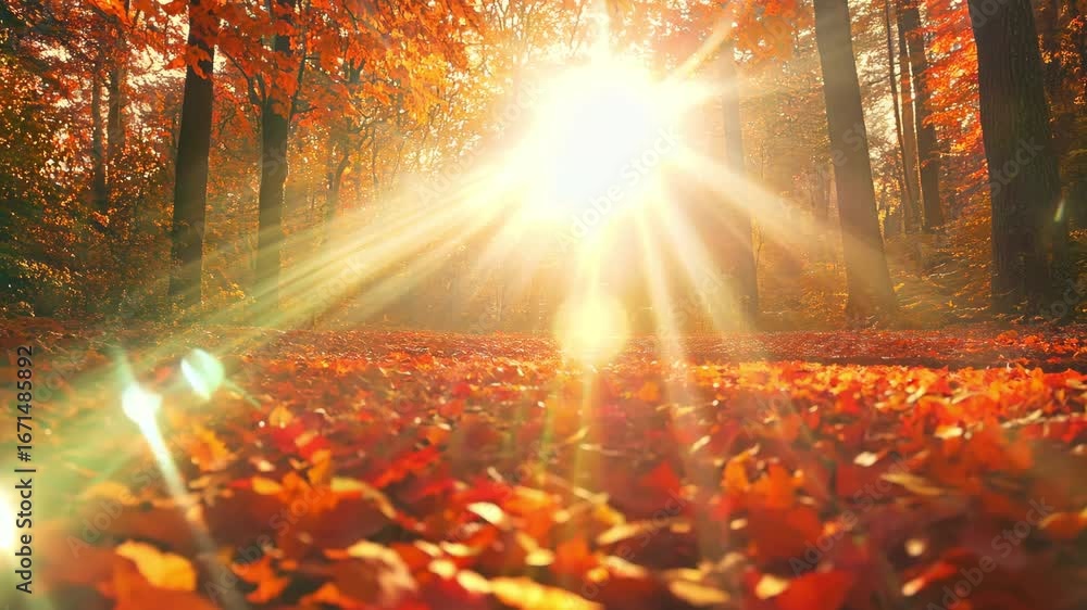 Poster sunlight streams through trees in a forest, casting a warm glow on a carpet of fallen autumn leaves