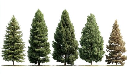 Five evergreen trees, varying in shade, against a white background