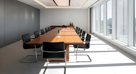  Bright, empty, modern boardroom with a long table and large windows letting in natural daylight. Wide-angle shot creates an expansive, clean space for text