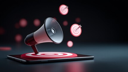 Marketing campaign strategy with megaphone and target icons above a tablet, cinematic lighting