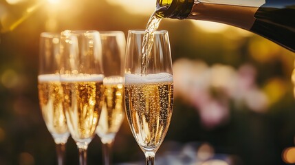 Elegant champagne being poured into glasses.