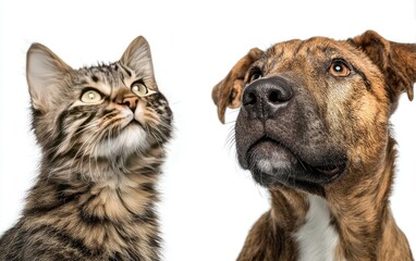 Close-up of a cat and dog, both looking upward