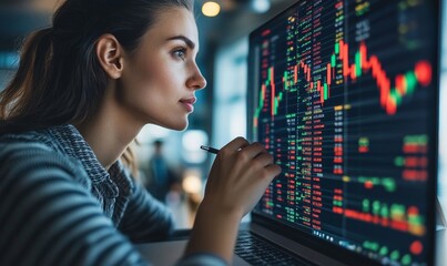 Candid young female investor analysing stock market investments and data trends on her laptop while working from home. The image highlights the growing role of women in finance, Generative AI