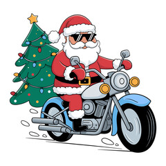 Santa Claus riding a motorcycle with a Christmas tree in tow. Fun holiday character design. Christmas concept. Vector illustration for greeting card, poster, banner