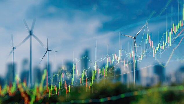 Wind turbines overlaid with financial charts over a city skyline