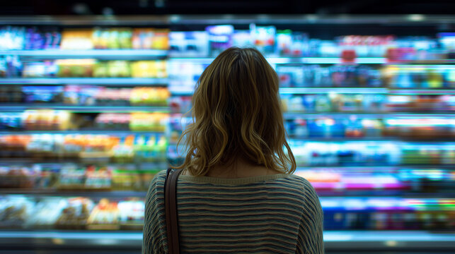 Young woman consumer shopping in supermarket. Concept of fast moving consumer goods market, consideration