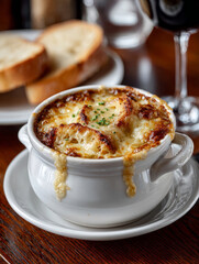 Cheesy French onion soup in a white bowl with bread slices.