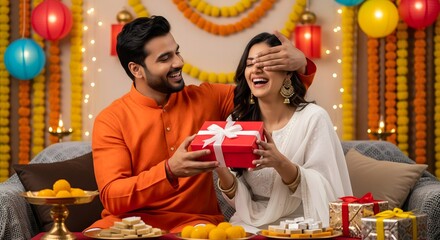 Happy Indian couple exchanging surprise Diwali gifts at home, surrounded by sweets, decorations, and festive lights, symbolizing love, joy, tradition, and celebration of the festival of lights