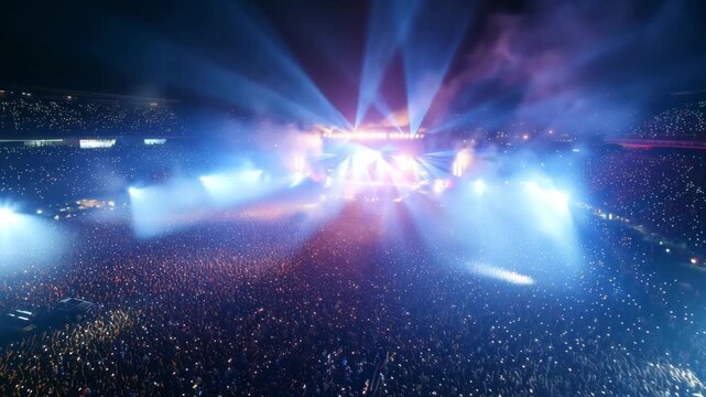 A large audience gathers at an outdoor venue for an electrifying concert, captivated by impressive light displays and energetic performances