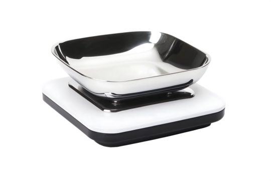 Stainless steel bowl on digital scale isolated on a transparent background kitchen scale