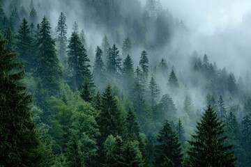 Misty mountain forest. Lush green trees slope upward into a hazy fog