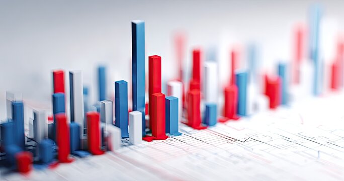 3D bar graph, red and blue, on paper