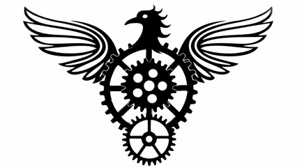 Fototapeta premium Black and white drawing of a bird with mechanical gears and wings in a detailed illustration silhouette
