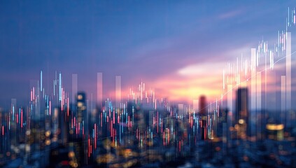 Blurred cityscape at twilight overlaid with financial charts