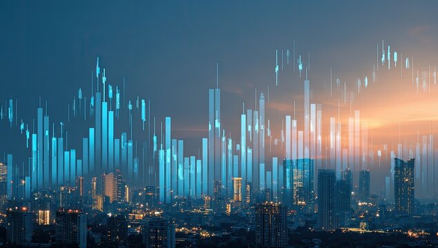 City skyline at dawn overlaid with financial charts