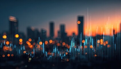 City skyline at dusk overlaid with abstract financial data