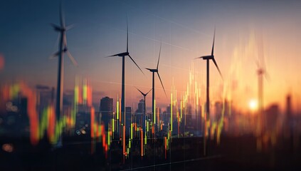 City skyline at sunset with wind turbines and stock charts overlaid