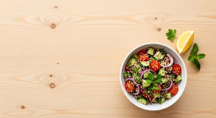 Top-down flat lay of a vibrant, healthy salad in a white bowl on a light wood table. Clean, minimalist composition with ample copy space for wellness or food blogs.