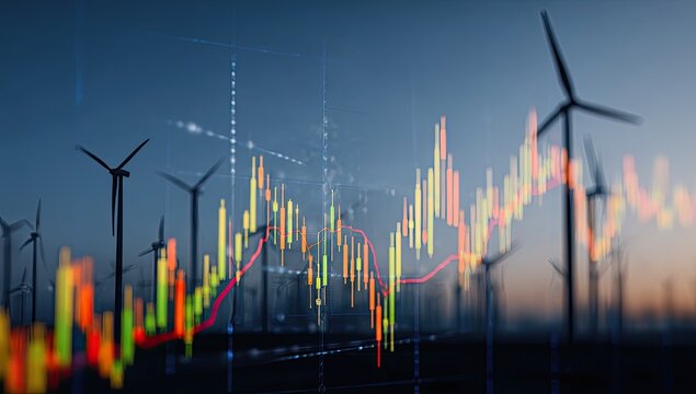 Wind turbines at sunset overlaid with stock market data