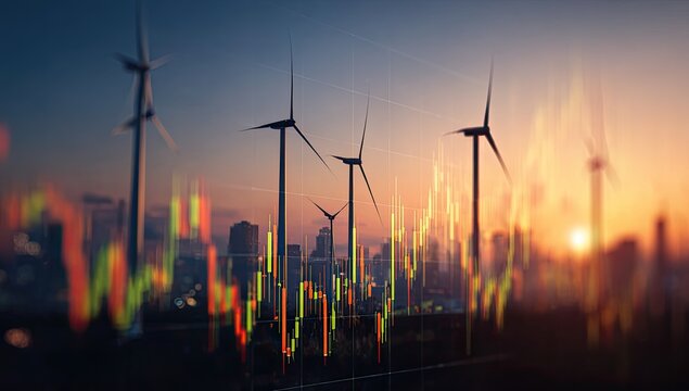City skyline at sunset with wind turbines and stock charts overlaid