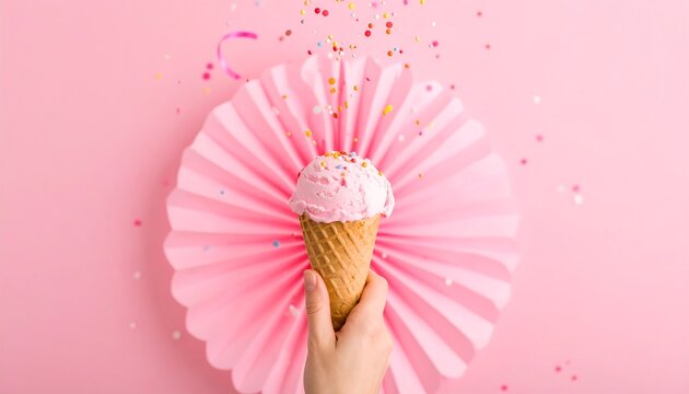 Pink ice cream cone with sprinkles on a pink background - Powered by Adobe