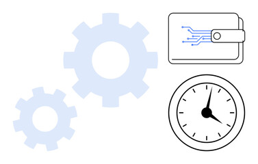 Gears, clock, and digital wallet illustrate automation, time management, and financial technology. Ideal for finance, productivity, technology, planning innovation workflow modern business