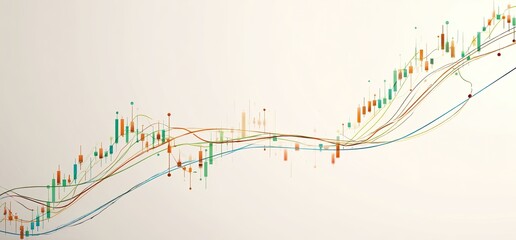 Abstract stock market chart with multicolored lines and candlestick patterns