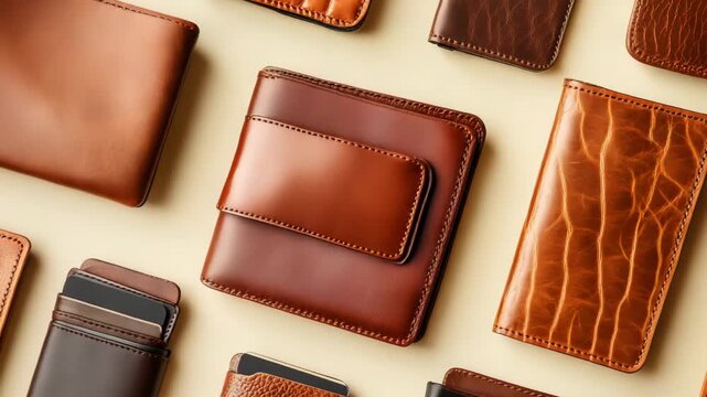 An array of brown leather wallets featuring diverse styles and textures arranged on a simple surface for easy comparison and selection
