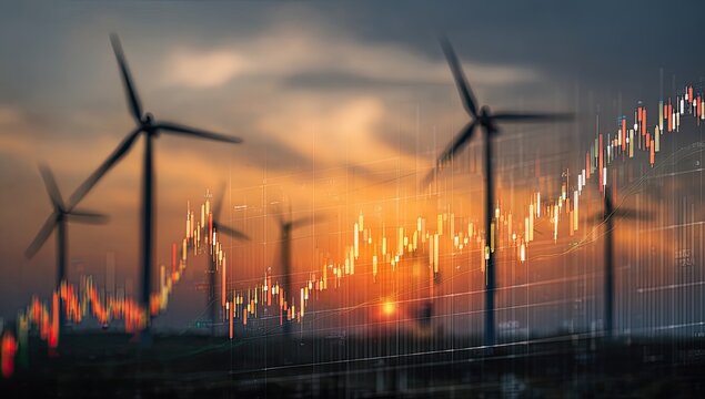 Wind turbines at sunset, overlaid with financial charts (1)
