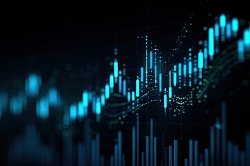 Abstract financial chart with glowing teal data points and lines on a dark background