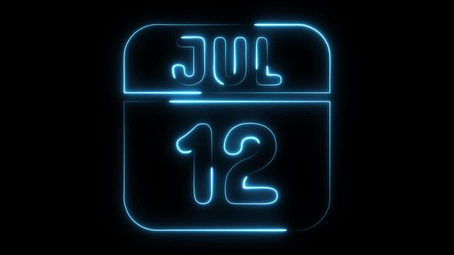 Glowing blue neon calendar date July twelfth 12th month day event reminder celebration announcement planning