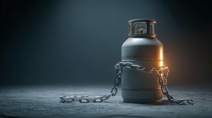 Gas cylinder chained with metal lock highlighting energy security crisis and restricted fuel access