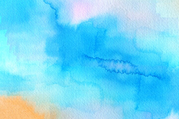 Bright Blue and Orange Watercolor Background with Cloud-like Shapes
