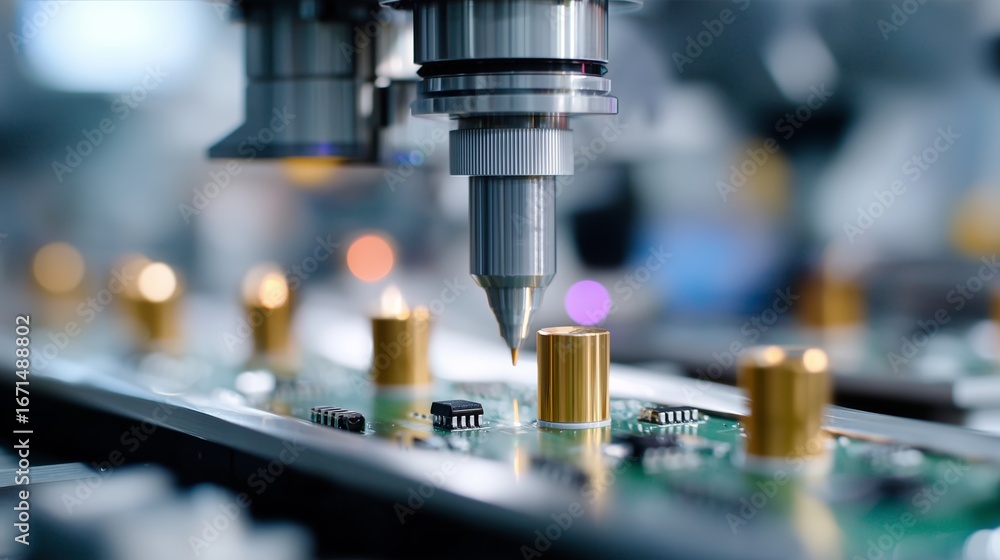 Poster precision machine applying solder to electronic components during manufacturing process in a tech fa