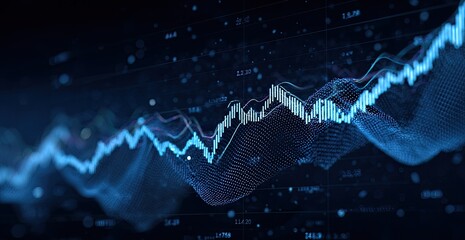 Abstract stock market data visualization.  Dynamic, 3D graph of fluctuating lines in shades of blue, on a dark background with dotted elements