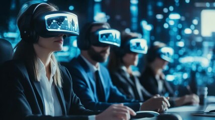 Business people are immersed in virtual reality experiences while seated at desks in a contemporary technology setting - Powered by Adobe