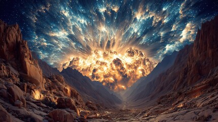 Epic cosmic explosion over dramatic fantasy landscape with starry sky and rocky mountains