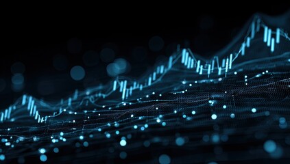 Abstract digital chart with light blue data points and lines on a dark background